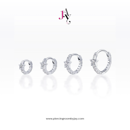 Star CZ Huggie Hoop (White Gold Plated) ห่วงเพชรดาว เงินแท้ (ราคาต่อชิ้น)
