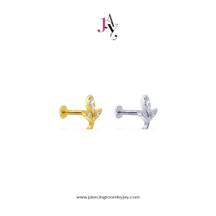 (Pre-order) 14K Solid Gold Olive Leaf CZ Screw Flat Back (ราคาต่อชิ้น)