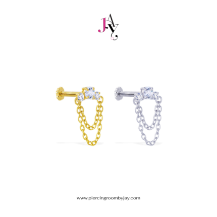 14K Solid Gold Three Stone Drop Chain Screw Flat Back (ราคาต่อชิ้น)