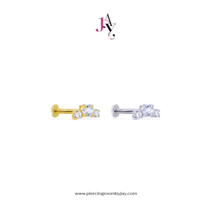 (Pre-order) 14K Solid Gold Three Stone Screw Flat Back (ราคาต่อชิ้น)