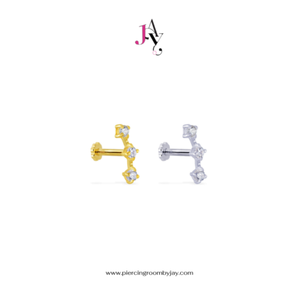 (Pre-order) 14K Solid Gold Three CZ Curved Screw Flat Back (ราคาต่อชิ้น)