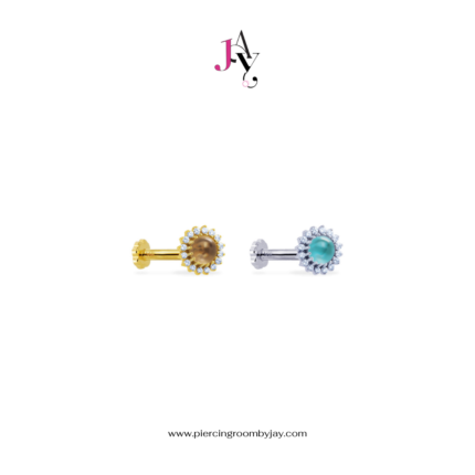 (Pre-order) 14K Solid Gold Flower Halo Color CZ Screw Flat Back (ราคาต่อชิ้น)