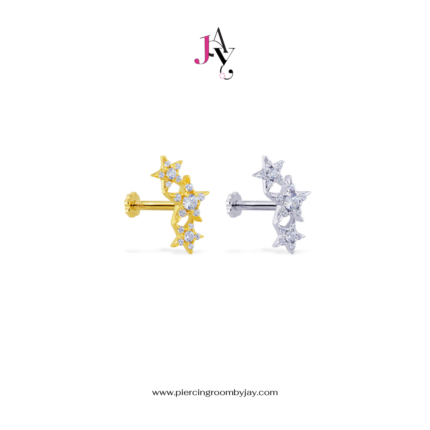 14K Solid Gold Three Star CZ Screw Flat Back (ราคาต่อชิ้น)